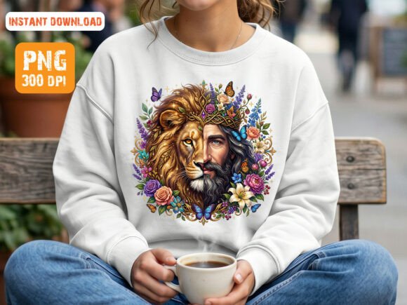 Lion and Jesus Floral Fantasy PNG Design for T-Shirt Designs